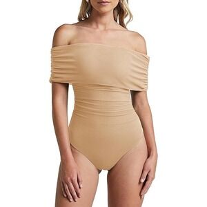 Off Shoulder Bodysuit One Piece Ruched‎ Bodysuit Top Tan Beige Med